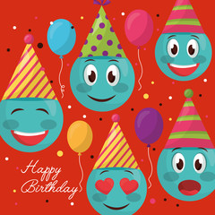 happy birthday emojis smiling surprise party hats colors sign vector illustration