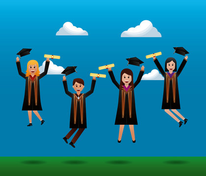 congratulations graduation clouds students jumping smiling happy vector illustration