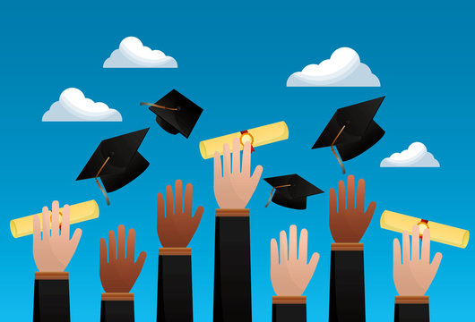 congratulations graduation degrade background students smiling greeting hands up holding certificate vector illustration