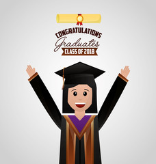 congratulations graduation dress girl hands up celebration certificate vector illustration
