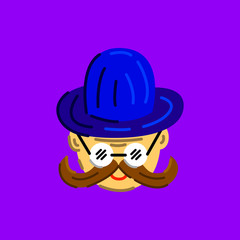 Old man with glasses, hat and mustache. Flat vecor illustration.