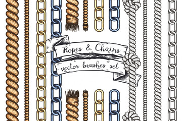 Set of hand drawn editable brushes of ropes and chains.