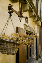 Dried flowers in baskets hanging on medieval wall in old european city. Brown monochromatic concept