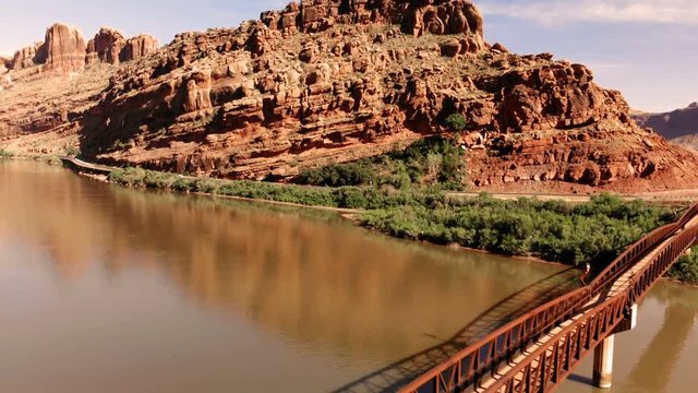 The City of Moab Utah, United States. Red rock landscapes,  Colorado River.  Aerial view, from above, drone shot

