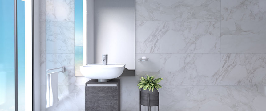 Clean white marble bathroom