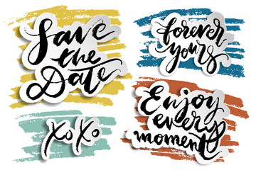 Set of hand drawn slogans with painted strokes on background. Lettering. Phrases and greetings by hand in marker drawn style.