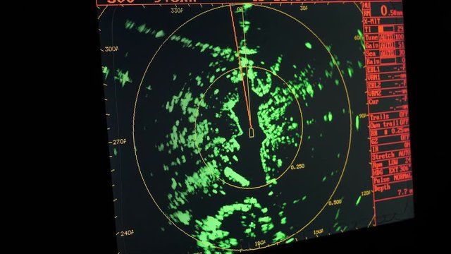 Radar monitor in a ship. Ship and cruise yacht navigation screens during sea maneuvers
