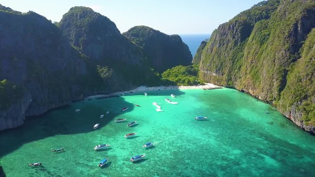 Aerial view of beautiful Maya beach on Ko Phi Phi Island