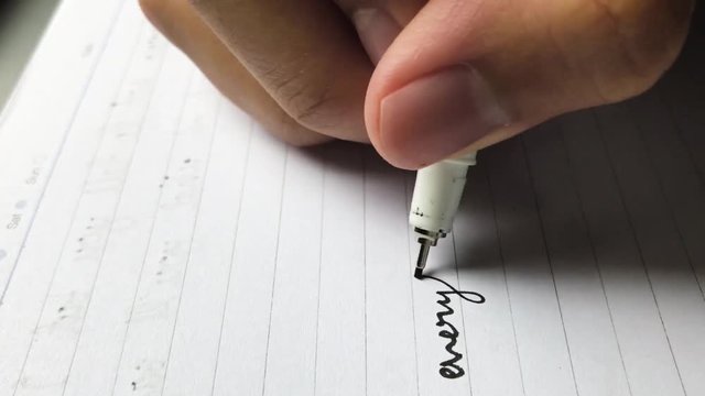 A closeup still shot of a person writing in cursive, "everytime I go back", with a calligraphy pen, on a notebook