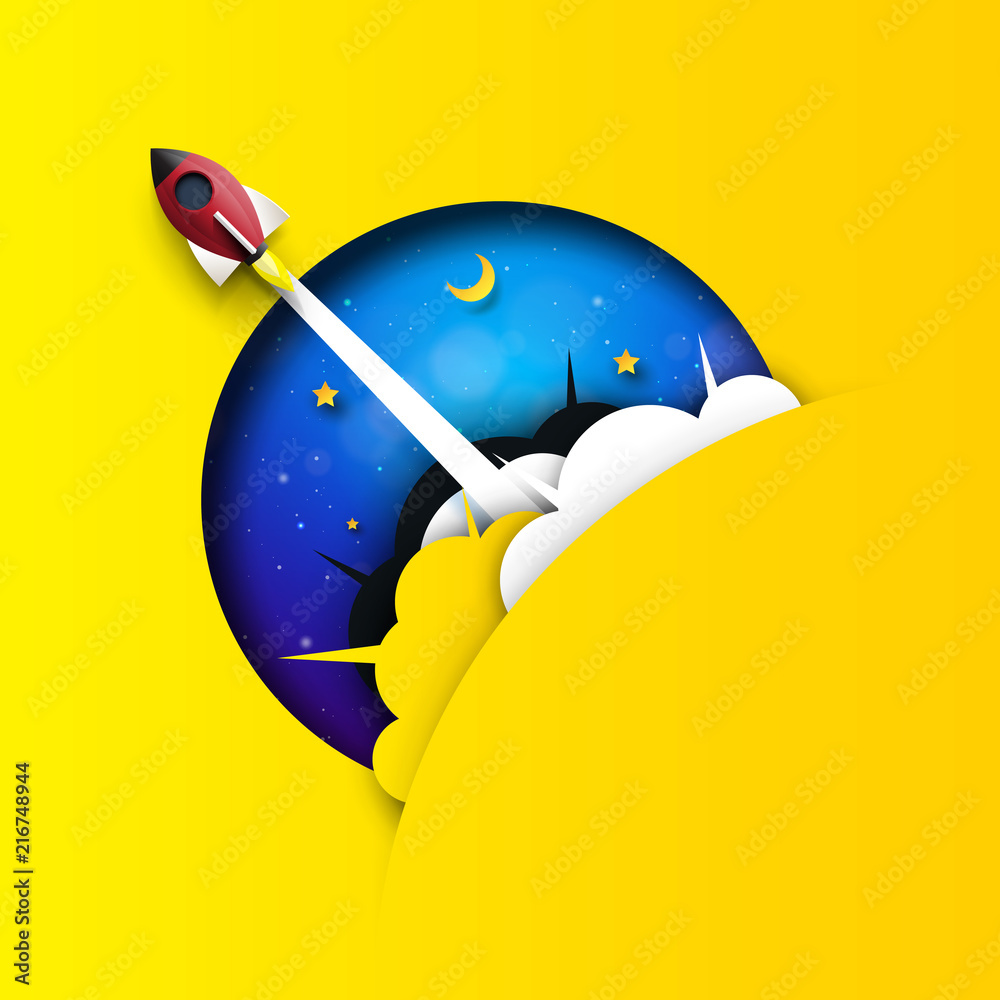 Poster rocket ship launch and space background.business start up concept paper art style.vector illustratio