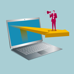  Online sales concept. A businessman is speaking, laptop and arrows. The background is blue.