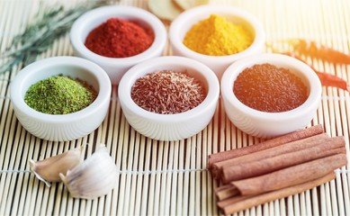 Spices and herbs in  bowls. Food and cuisine ingredients.