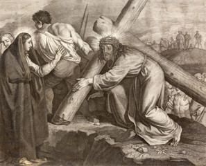 REGGIO EMILIA, ITALY - APRIL 12, 2018: The lithography Jesus meets his Mother (cross way) in church Chiesa di Santo Stefano by Benedetto Eredi (1750 - 1812). © Renáta Sedmáková