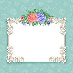 Invitation or greeting card template with roses in retro style. Vector Illustration
