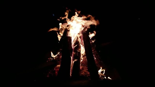 close up of bonfire flames at night time