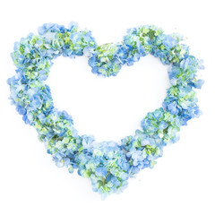 Love symbol of hydrangea flowers on white background. Flat lay, top view. Floral background