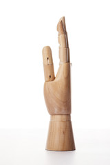 Wooden Dummy hand five isolated white.