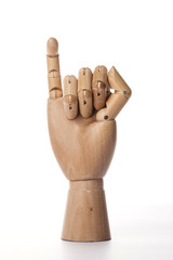 Wooden Dummy hand promise isolated white.