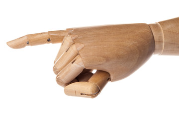 wood Mannequin, hand promise isolated white.