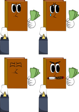 Books boss with suitcase or bag holding or showing money bills. Cartoon book collection with angry and sad faces. Expressions vector set.