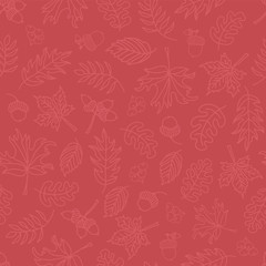 Autumn doodle leaves seamless vector background. Pink leaves on dark pink background. Acorn, oak tree, maple tree pattern. Leaf nature print. Fall background, Thanksgiving, Seasonal print, November