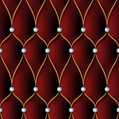Leather upholstery seamless pattern with golden thread and gems. Vector Illustration