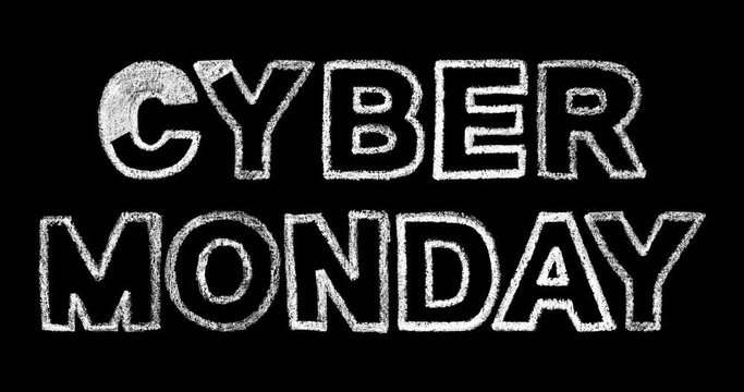 cyber monday bold text inscription lettering, handwritten white chalk letters isolated on black background, hand-drawn chalk lettering animation, stock visual effects video in 4k resolution