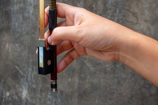 A hand holding a Violin Bow. The close up photo of Violinist holding a violin instrument with the other hand.