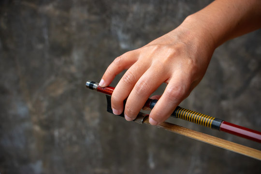 A hand holding a Violin Bow. The close up photo of Violinist holding a violin instrument with the other hand.
