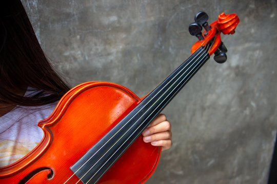 Hand holding a violin. The closeup photo of Violinist with dark background.