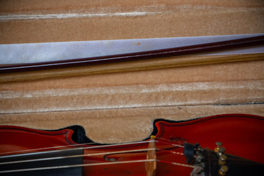 The photo of a parts of a violin. The wooden instrument close up photo.