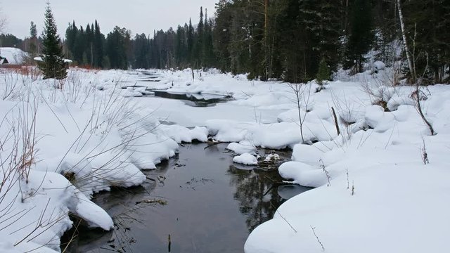 Small creek in Altai village Ust'-Lebed' in winter season