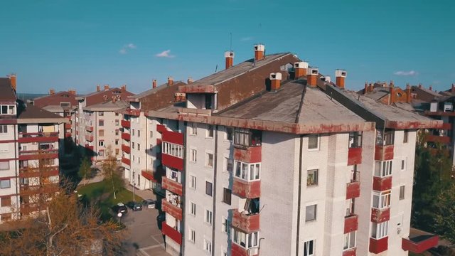 Aerial clip of the city of Bor, Serbia, and some condominiums.