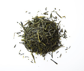 green tea leaves isolated on white background