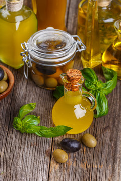 Glass bottles of olive oil