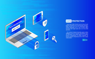3D Cyber security technology mechanism concept. Abstract isometric personal data protection. Header for website with laptop and protection icons with padlock, shield and key.