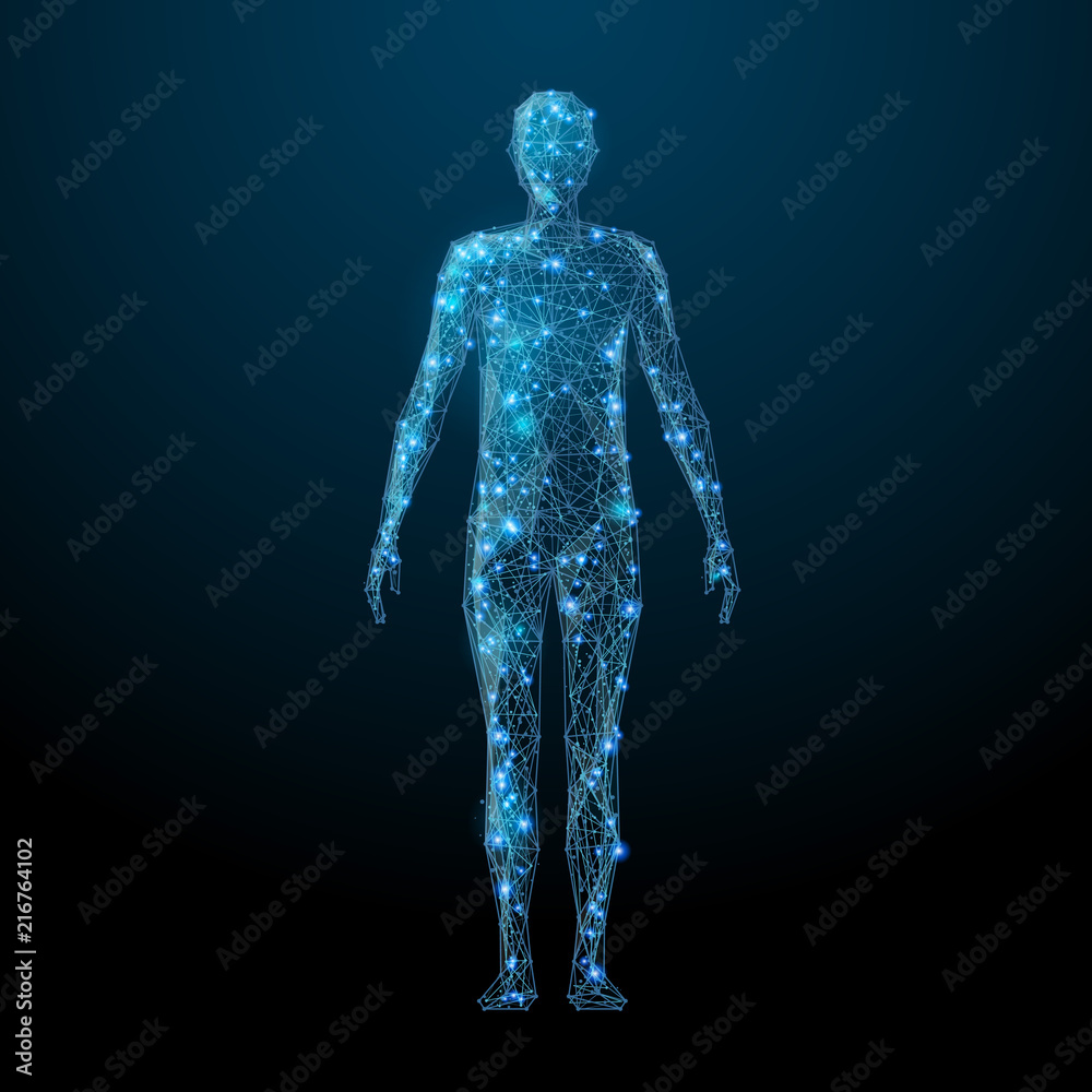 Poster Human body low poly wireframe. Vector polygonal image in the form of a starry sky or space, consisting of points, lines, and shapes in the form of stars with destruct shapes.
