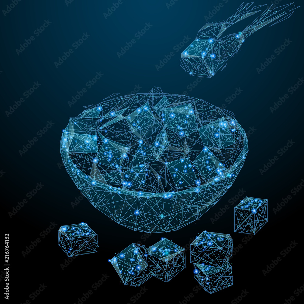Poster Abstract image of a Sugar bowl with sugar cubes in the form of a starry sky or space, consisting of points, lines, and shapes in the form of planets, stars and the universe. Eat and drink wireframe