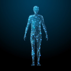 Human body low poly wireframe. Vector polygonal image in the form of a starry sky or space, consisting of points, lines, and shapes in the form of stars with destruct shapes.