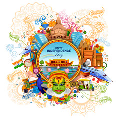 Monument and Landmark of India on Indian Independence Day celebration background