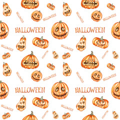 Seamless pattern. Watercolor halloween pumpkins. Hand drawn holiday illustrations isolated on white background.