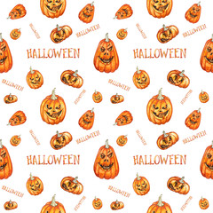 Seamless pattern. Watercolor halloween pumpkins. Hand drawn holiday illustrations isolated on white background.