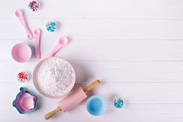 Baking and cooking utensils. Flat lay Top view, mockup for recipe on white wooden background.