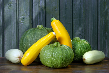 Fresh harvest of three kinds of courgettes