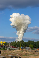 Dense smoke after the explosion while testing a rocket engine