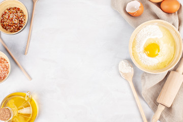 Ingredients and kitchen utensils for dough preparation