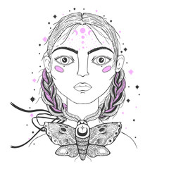 Beautiful young girl, face foreground. Vintage sketch style of drawing. Sketch for tattoo, isolated print on t-shirt. Magical, mystical, ethnic style.