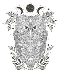 Illustration owl on forest silhouette background and star.Hand drawn vector.Prints design for t-shirts.Retro old style. Vintage Hands with Old Fashion Tattoos.