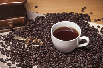coffee bean with a white cup coffee equipment concept