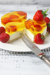 Fruity cake with jelly and strawberries